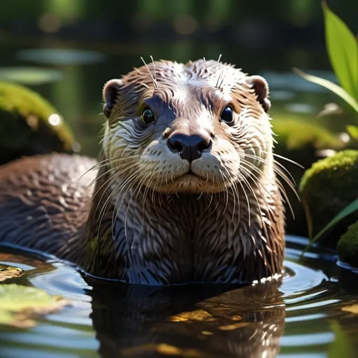Prompt: ultra zoomed in view of the cutest otter a pond surrounded by forest trees, high definition details appear in 3d, ultra bright sunbeams of light bounce off the calm water, blue skies above showcased in the refection of the water, UHD, 18K, ultra find details, hyper realism, photorealism, 3d