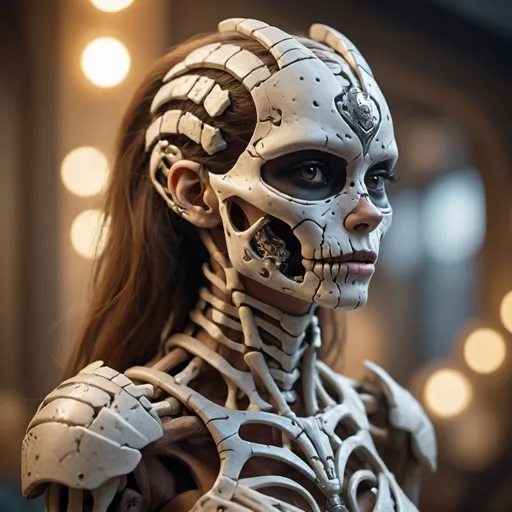 Prompt: cinematic photo ((masterpiece)), female anthro [android, cracked skin | skeleton, bone armor ] . 35mm photograph, film, bokeh, professional, 4k, highly detailed, trending on artstation, sharp focus, studio photo, intricate details, highly detailed, by greg rutkowski
