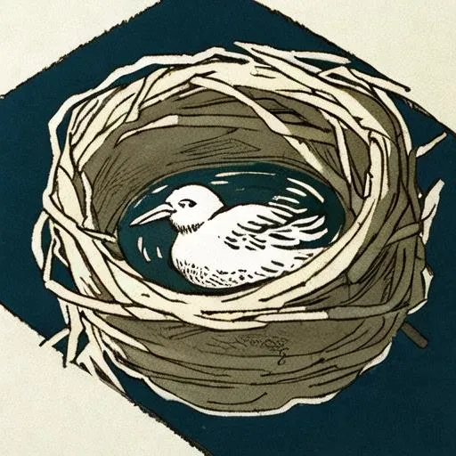 Prompt: Linocut illustration of bird in a nest