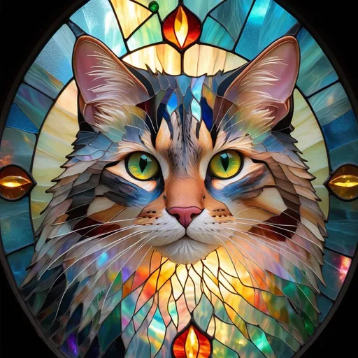 Prompt: tabby forest cat motif embroidered on a church stained glass, Broken Glass effect, no background, stunning, something that even doesn't exist, mythical being, energy, molecular, textures, iridescent and luminescent scales, breathtaking beauty, pure perfection, divine presence, unforgettable, impressive, breathtaking beauty, Volumetric light, auras, rays, vivid colors reflects, Broken Glass effect, no background, stunning, something that even doesn't exist, mythical being, energy, molecular, textures, iridescent and luminescent scales, breathtaking beauty, pure perfection, divine presence, unforgettable, impressive, breathtaking beauty, Volumetric light, auras, rays, vivid colors reflects