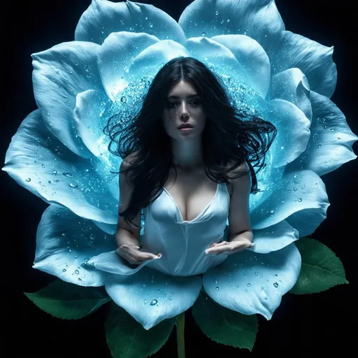 Prompt: A breathtaking, hyperrealistic masterpiece, depicting a beautiful woman emerging from the heart of a large glass rose. Its petals, shimmering like teardrops in the moonlight, unfurl to reveal her ethereal form. Her long hair flows like shadows, cascading around her like liquid night, illuminated by the soft glow emanating from the glass rose. Her eyes, filled with a profound sadness, reflect the delicate beauty of the glass petals and the melancholic light of the moon. Rendered in stunning 8k UHD resolution, this evocative image captures the essence of a woman born from the bloom, a symbol of beauty, fragility, and the enduring power of nature.white body suit