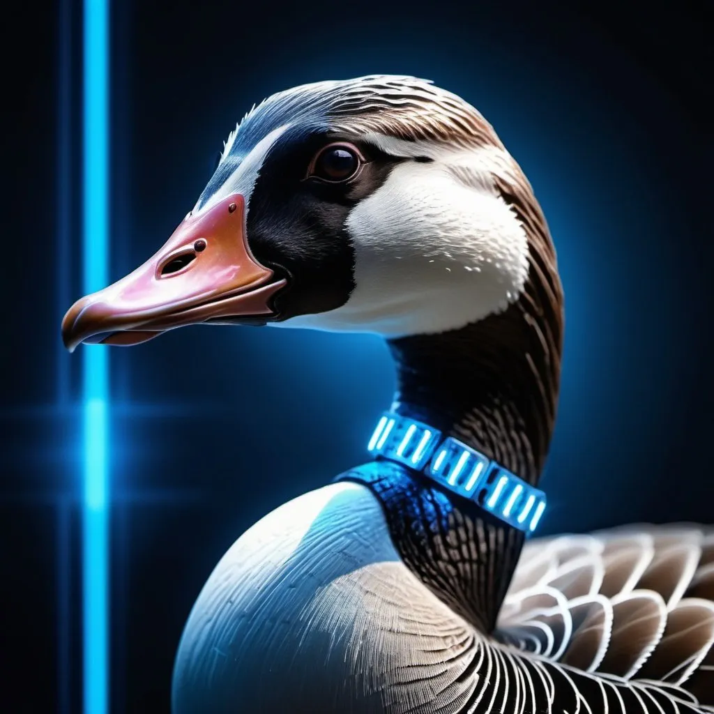 Prompt: Goose portrait with cybernetic implants in blue tones, Bright LED lines in the image