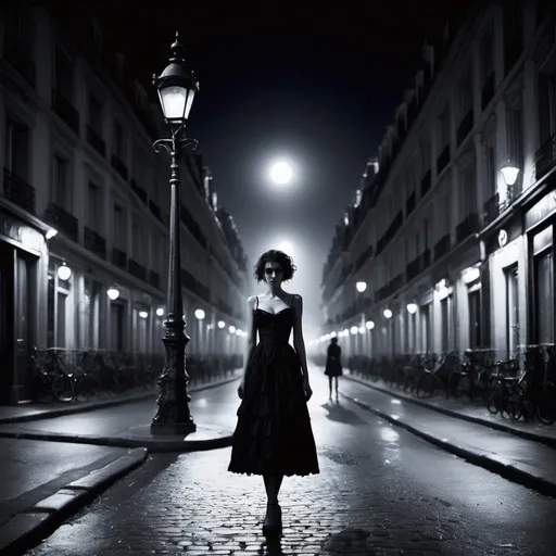 Prompt: Tim burton style, young woman in Paris streets, midnight, moonlight, more tim burton style , more monochromatic , high quality