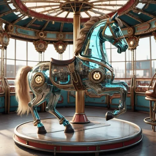 Prompt: Vintage, futuristic, cyberpunk, PERFECT METALIC style old merry-go-round horse , totally transparent, where you can see its circuits and gears. 8k. Hyperrealistic-