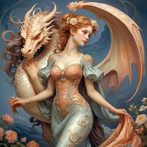 Prompt: Infinity love, A mythical half dragon and his pearl of core  girl,best quality, perfect proportion, wearing flowering dress,full body,dynamic pose,soft smile,complex background, purity, tenderness, weakness,highly detailed face,pretty patterns,ethereal magical world,ultra highly detailed, Rubens,  Michelangelo Buonarroti,,Hildebrandt Brothers ,Art Nouveau, John Howe,vibrant colors, round parade of dynamic fluid following Oseen equation in turbulent regimesureal, epic, high quality, effervescent atmosphere, , Mysterious