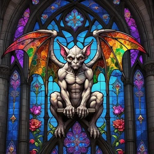 Prompt: Gargoyle perched on a gothic cathedral, fantasy style, richness of colors accentuated, embellished with stained glass patterns on wings, intertwined with vibrant floral accents, ink effects on textures, vibrant, ultra fine details, stained glass aesthetic, digital painting, dramatic lighting.