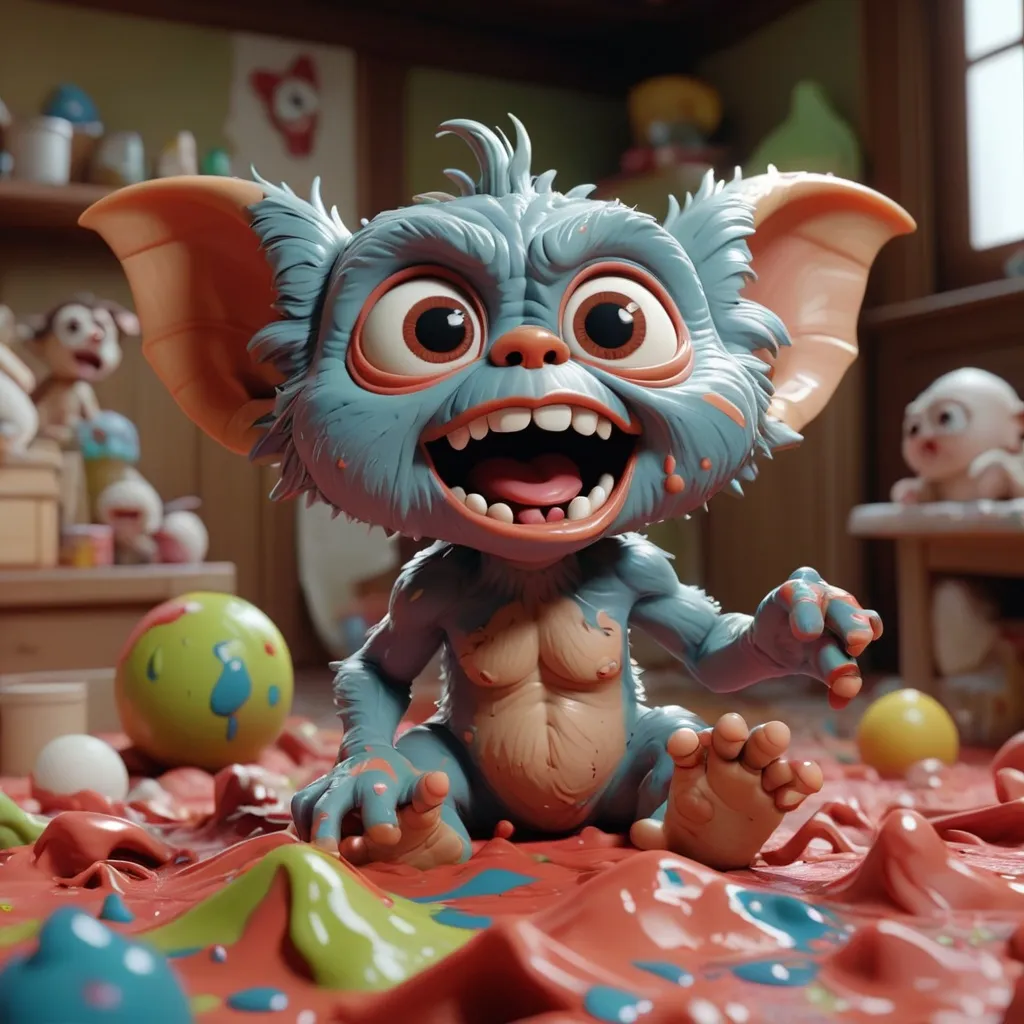 Prompt: 3d effect of cute baby gremlins play around causes the room to be very messy in an overall pattern, the faces of the gremlins are covered in paint, cartoon and claymation style, unreal engine render, 8k, intricate details