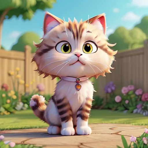 Prompt: cartoon in love  fluffy cat in a garden