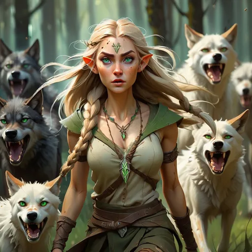 Prompt: beautiful female nordic elven druid with green eyes and elvish pointy ears leading a small pack of brown wolves, charging into battle, long blonde braided hair, necklace, wind, forest, grass, summer, looking into camera,

dramatic lighting, dark atmosphere, textured Speedpaint, masterpiece, ((rough brush strokes)), (paint splatter on background), (by Jeremy Mann), by Ismail Inceoglu, oil on canvas, intense gaze, professional, atmospheric lighting, textured, highres, masterpiece, cinematic, oil painting, trending artwork, particles, dramatic