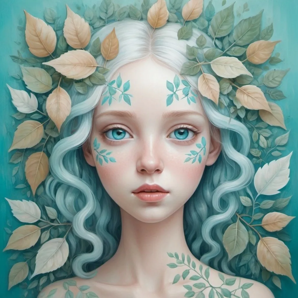 Prompt: Gouache paint painting of a girl's face with white skin, turquoise blue eyes, flowery hair and body covered with many leaves, pastel color, dreamy, surrealism, abstract painted background with gouache paint strokes, intricate details, 3D rendering, octane rendering . Nicoletta Ceccoli style.
