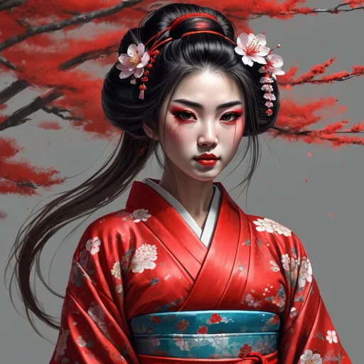 Prompt: girl with red kimono geisha long hair intricate, elegant, flowers highly detailed, digital painting, splash art
