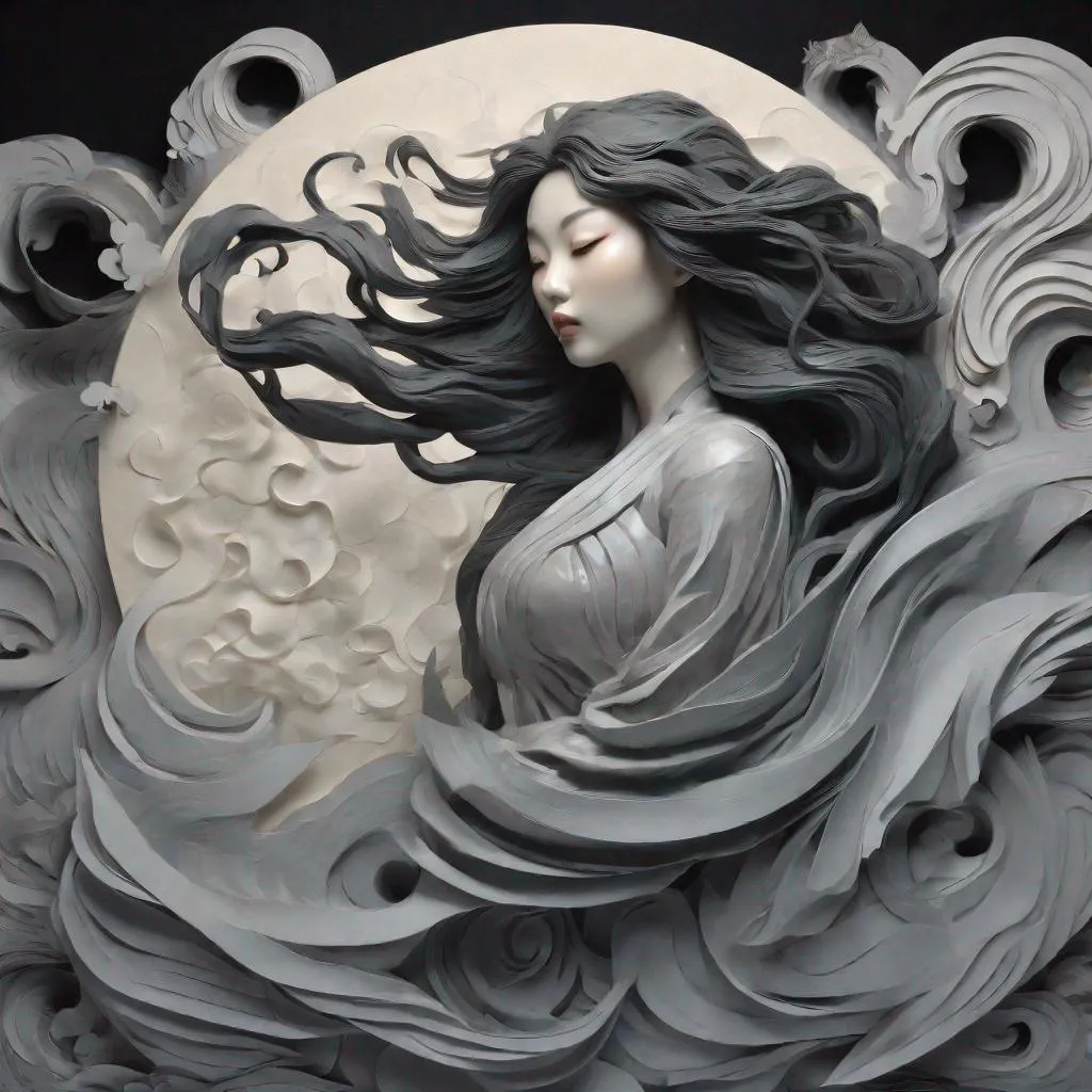 Prompt: A woman with long swirling hair standing in front of a full moon, artgerm and ben lo and mucha, black clouds, female water elemental, lots of swirling, grey and black, paper relief sculpture, inspired by Luo Mu, detailed dress and face, featured art, painting of a woman in the style of paper art, 