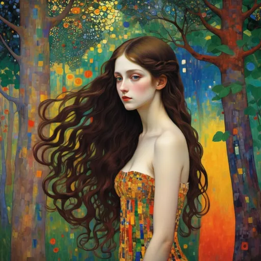 Prompt: The beautiful young lady, She comes in colors everywhere She combs her hair She's like a rainbow Coming, colors in the air Oh, everywhere She comes in colors, Gustav Klimt, Carboniferous Forest