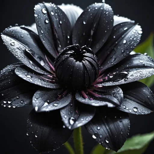 Prompt: Rain drops on a beautiful, black flower. Detailed. Many petals, trending on artstation, sharp focus, studio photo, intricate details, highly detailed, by greg rutkowski