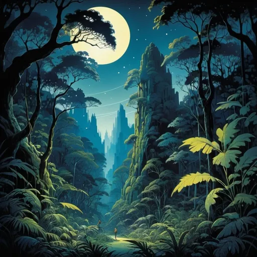 Prompt: Movie poster style, intricate patterns, famous artwork by (Eyvind Earle:1.4) and (Jean-Baptiste Monge:1.4), a peaceful mythical (monster:1.5) view of the night sky in a vibrant jungle, dappled light, dramatic sky, rays of moonlight, high contrast, hazy, colorful, dark corners, ultra detailed, 8k, uhd
