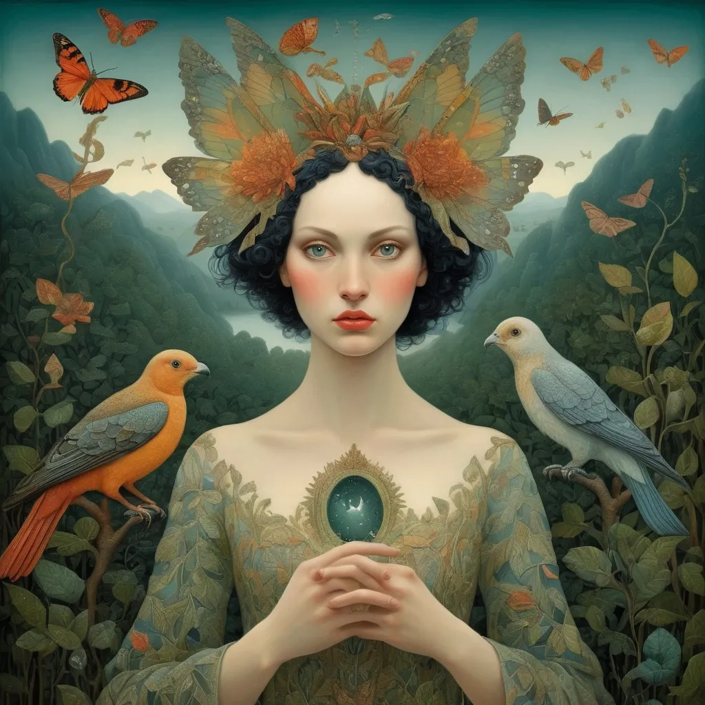 Prompt: Faery  Queene Peruvian arpillera Oxana dobrovolska victo ngai henry rousseau Vladimir kush peregrine heathcoate catrin welz-stein Andrea kurti Andrea kowch 