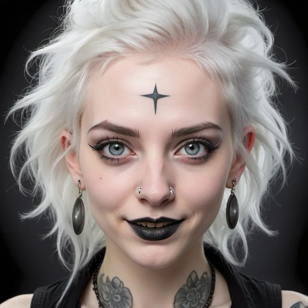 Prompt: Fantastical portrayal of a gothic-inspired woman with punk-style white hair, soft pale skin, a silver moon tattoo on her cheek, and gray eyes. She has a large nose and sports a very mischievous grin on her face. She seems to be in the middle of a mischief, her curiousity mirrored in her eyes, making for a captivating scene.