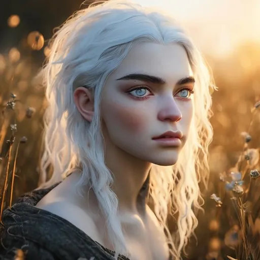 Prompt: beautiful 20 year old women with white hair, white eyebrows, light skin, realistic, ultrarealistic, high quality art, bright eyes, long hair, beauty, real, long hair, symmetrical, anime wide eyes, fair, delicate, medieval, running in a field at golden hour, royal