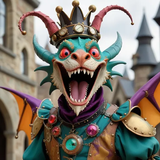 Prompt: Dragons magical Startled Steampunk 12th Century court Jester dragon with king accoutrements humorously reacts with a startled scream