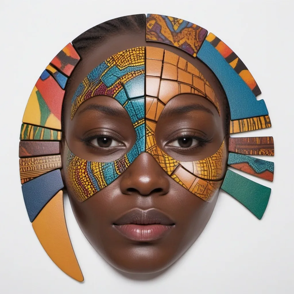 Prompt: half face mask puzzle, african dreams