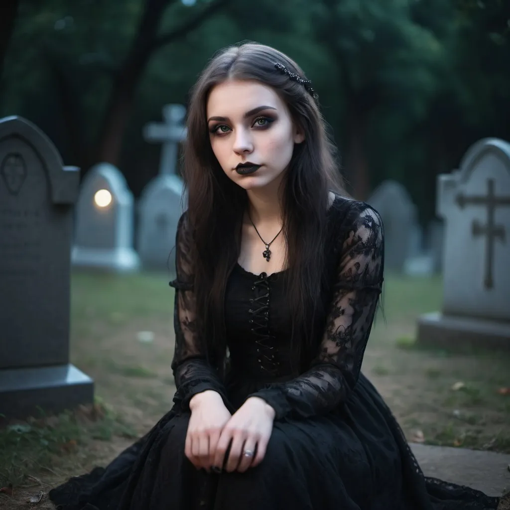 Prompt: a stunning young gothic girl sitting in the graveyard, hyper-realistic, photographic portrait, bokeh at night