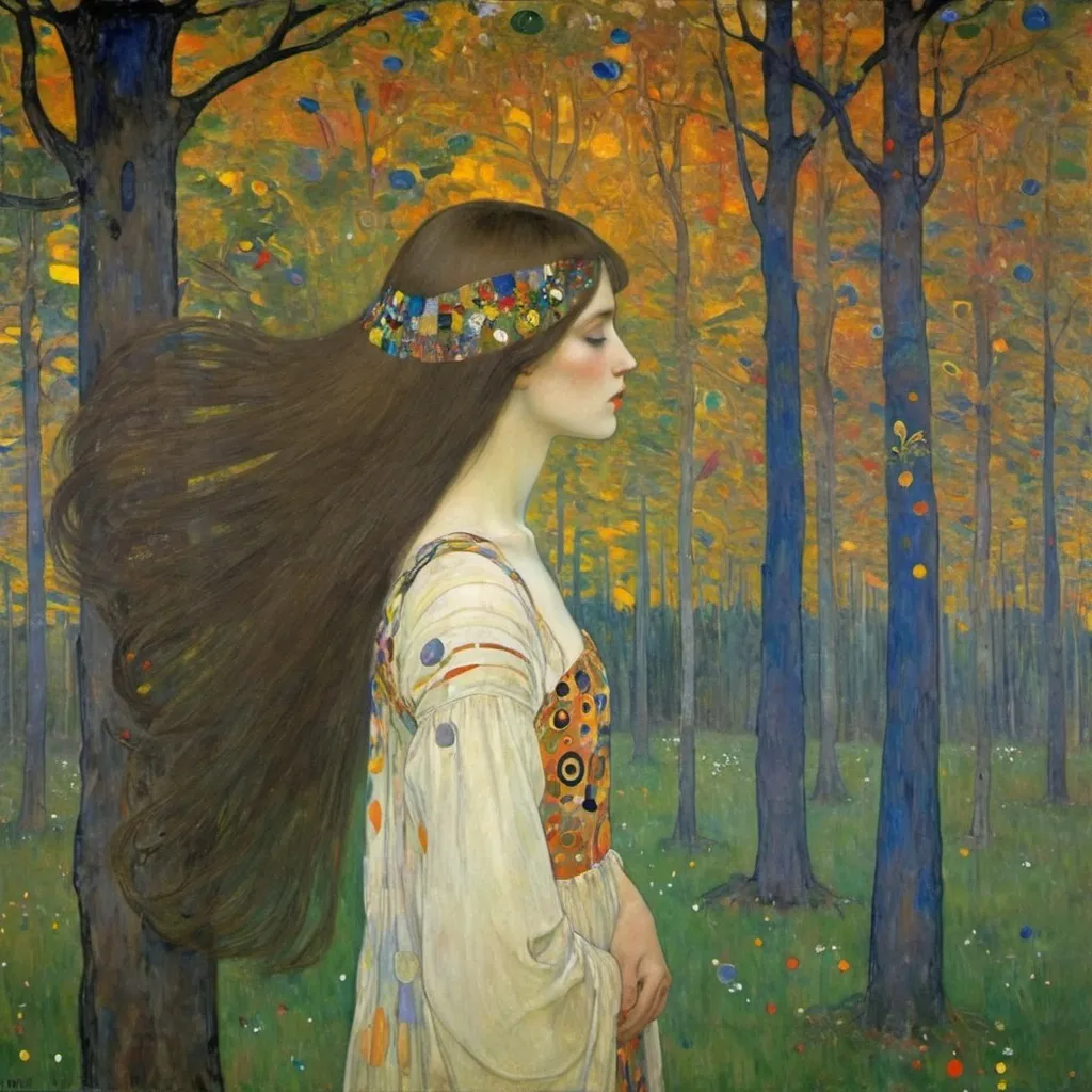 Prompt: The beautiful young lady, She comes in colors everywhere She combs her hair She's like a rainbow Coming, colors in the air Oh, everywhere She comes in colors, Gustav Klimt, Carboniferous Forest