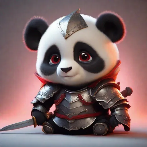 Prompt: Pixar Style, Tiny cute and adorable serious baby panda adventurer dressed in knight armor and sword, with red eyes anthropomorphic , dramatic lighting, 8k, portrait,realistic, fine details, photorealism, cinematic ,intricate details, cinematic lighting, photo realistic 8k