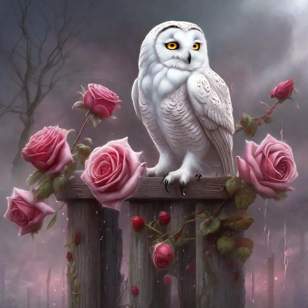 Prompt: A white owl sitting on top of a wooden fence post, crimson rain sought flower, beautiful fantasy art portrait, perfect animal, graphic artist Magali Villeneuve, breathtaking render, by Gwenny Griffiths, doves : : rococo, unusually unique beauty, detailed, made of roses and berries