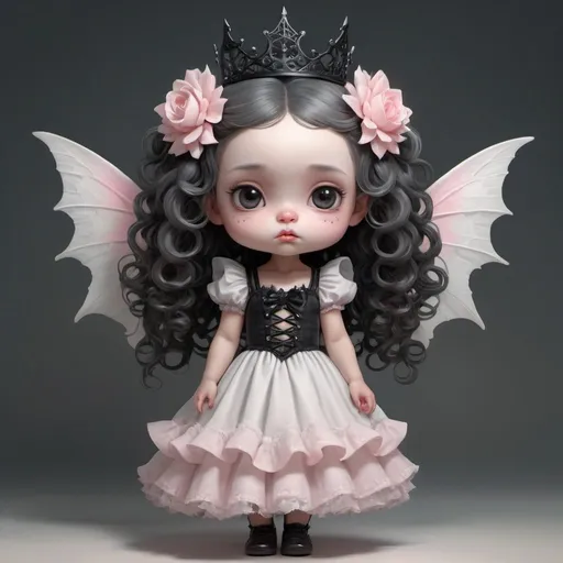 Prompt: Portrait and shot full body of a very cute dark fairy gothic chibi girl in halloween time , wearing a black crown in her head , wearing a white and grey and pink  long dress ,kewpie fairy clothes, white wings ,white background , long curly hair oil paint vray, by stanley artgerm and tom bagshaw