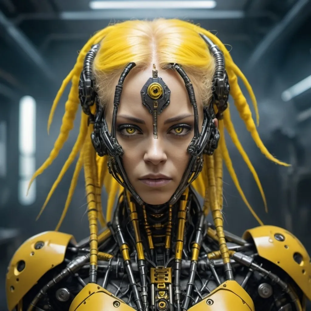 Prompt: Intense female cyborg, yellow hair made out of wire, similar to predator dreadlocks, similar to small tubes, very intricate black cybernetics, highly detailed, black and yellow modular armor plating, battle angel, warrior background, smoke and Haze, hyper realistic photo, in the style of Karol bak,  full cinematic scene, in a futuristic laboratory, futuristic putrefaction