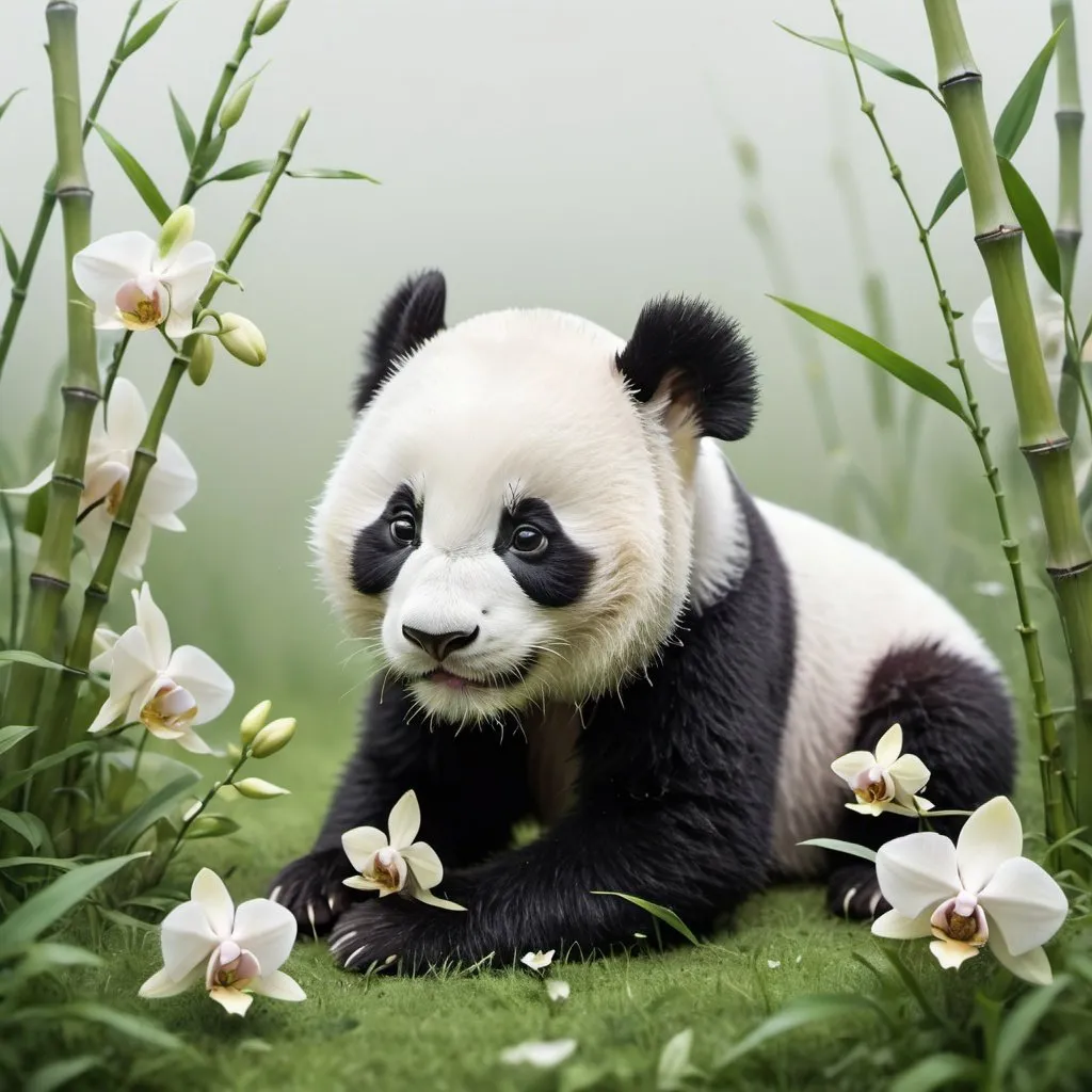 Prompt: A playful panda cub rolling in a field of wildflowers. The scene is captured in a detailed, micro style with intricate floral patterns blooming around the cub. The image is double exposed with a soft grayscale background, and the cub's fur has subtle green and sunny highlights. The style is sharp, volumetric, and 3D, with a single perspective view. A white background with thin green outlines of orchids and bamboo frames the image
