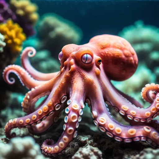 Prompt: A vibrant and colorful octopus in a universe of coral, peaceful, serene, foreground, background, cinematic shot