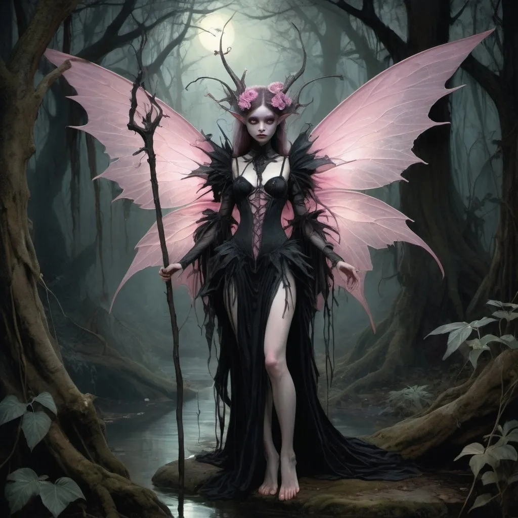 Prompt: Dark fantasy fairy clad in black and pink gothic attire, Brian Froud style, full-body stance, surrounded by an eerie, ethereal forest, wings delicate and tattered, eyes glimmering with malevolent mischief, hands gripping an ancient, twisted staff, moonlight filtering through the dense canopy, creating scattered pools of luminescence on the forest floor, digital painting, breathtaking surreal masterpiece, dramatic lighting