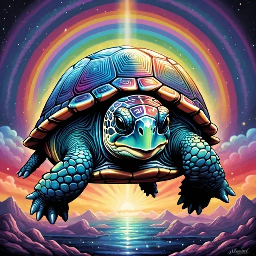 Prompt: a groovy turtle, peace and love vibes, rainbows, cartoon, Rainbow Brite style, centered, symmetry, painted, intricate, volumetric lighting, beautiful, rich deep colors masterpiece, sharp focus, ultra detailed, in the style of dan mumford and marc simonetti, astrophotography