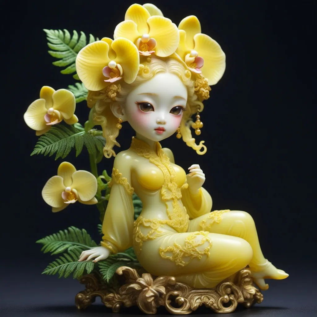 Prompt: Cute Orchid Nymph, Chinese Style Fern with Baroque Elements Imperial Yellow Translucent Jade Figurine, 8K, Masterpiece, High Definition, Super Detailed, Trending on Artstation, Sharp Focus, Intricate Details, High Detail, Ultra High Quality, Cinematic Lighting