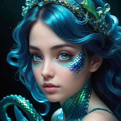 Prompt: Photo of a beautiful majolica prismatic deepsea color-changing glowing mermaid with translucent fishtail instead of legs emitting glowing cosmic energy and radiance with glowing fractal glass elements, awe inspiring sense of beauty, flawless masterpiece, UHD, hyperdetailed face, hyperdetailed eyes, bacteria art style, galaxy, wide_hips, 35mm digital photograph, sharp focus on eyes, pandora, big eyes, cute face