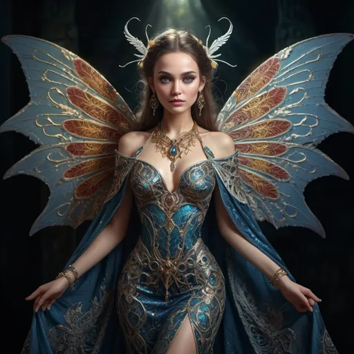 Prompt: Full body portrait of sorceress in ornate gown with dragon fly wings , dramatic lighting, full HD, immense detail, well-lit, intricate patterns, mystical aura, detailed facial features, flowing fabric, ornate jewelry, vibrant color scheme, magical atmosphere, high resolution, detailed embroidery, professional digital art, enchanting, dramatic shadows, mystical, enchanting lighting