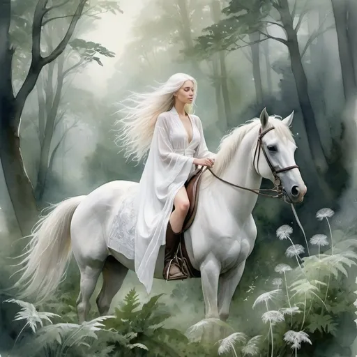 Prompt: Beautiful woman riding on the back of a horse in a Foggy forest backdrop, lush fern leaves, serene atmosphere, expressive watercolor technique, intricate 3D details, ethereal woman, long flowing white hair, elegant silver and white robe, flared sleeves, grass and dandelions setting, delicate dandelion in hand, contemplative expression, soft color palette of whites, silvers, and greens, natural lighting filtering through the trees, mystical and dreamy ambiance.