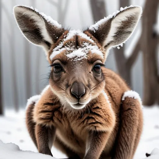 Prompt: photorealistic image of a newborn kangaroo in the snow