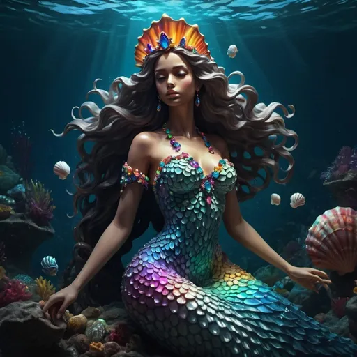 Prompt: Chiaroscuro, digital painting, 8k, HD high quality, Underwater statue of a undersea queen wearing a sea shell inspired dress, flowing hair, covered in colorful gems, dramatic, 