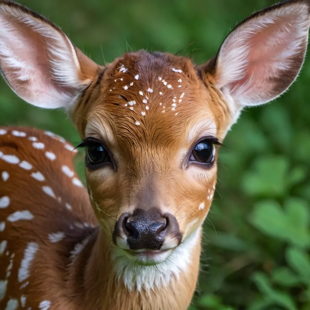 Prompt: A close-up of a fawn's face with an expression of gentle wonder