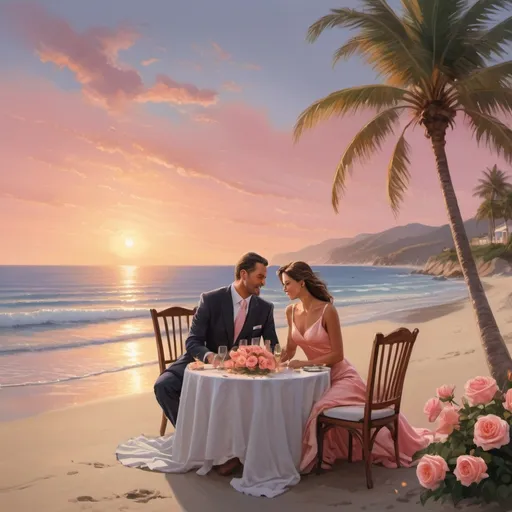Prompt: Picture a lovely, enchanting evening by the ocean. A gentle breeze sways the palm trees, and the setting sun paints the sky with beautiful shades of pink and orange. On a secluded, softly lit beach, a man and a woman sit at a beautifully set table for two. The table is adorned with elegant tableware and a bouquet of fragrant roses. They are both dressed stylishly, with the man in a well-fitted suit and the woman in a flowing, elegant dress.



Illustrate this moment in a highly detailed digital painting. Pay attention to capturing the expressions of joy and affection on the faces of the couple, as well as the interplay of light and shadow in this picturesque beachside setting. The image should convey the timeless beauty of love and the enchantment of a perfect date night.