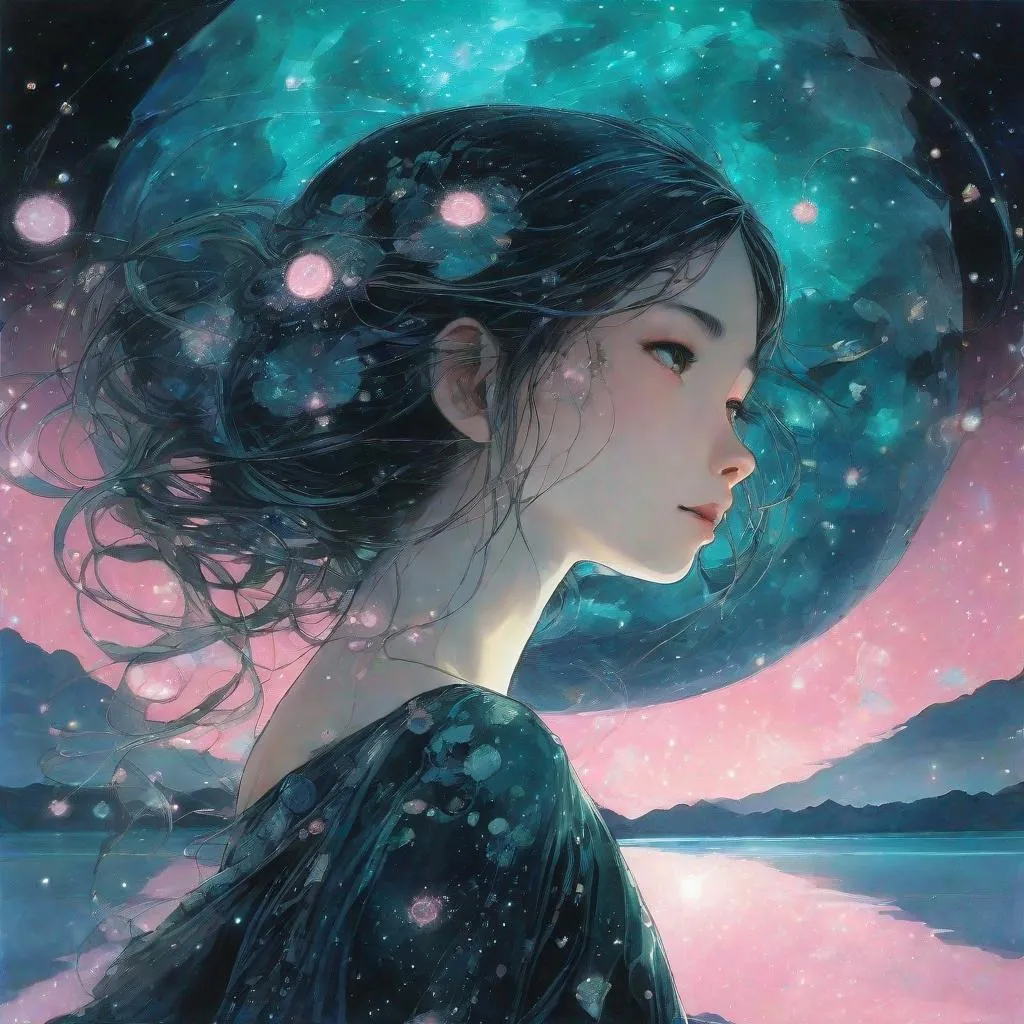 Prompt: beautiful girl, pixar, Yoshitaka Amano, midnight, lake, bioluminescent, veils, intricate frock, stars, silk, lilypads, nebula, galaxy, luminous, soft light, teal, pink, black