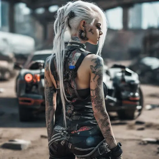 Prompt: beautiful [cyborg girl], with long developing bright white hair in the form of braided wires, with her back to the camera, cobra, multicolored punk style with tattoos on her body,  leather and metal cyberpunk details in a futuristic style, in a dynamic full-screen pose, in front of a cyberpunk car, on a ruined road from a post-apocalyptic city in the twilight of the passing day, dark blue lighting creates the effect of late evening. the doomed gaze is directed directly into the camera, creates the impression of complete loneliness and hopelessness, children's toys are visible among the many fragments of iron structures, attributes and objects of people's lives are covered with dust, lights and lit bonfires in the distance indicate that people's lives are still preserved, this is a dangerous place. light with soft shadows, smoke and dust particles in the air, a trend on artstation, insanely detailed professional photography in 8K format