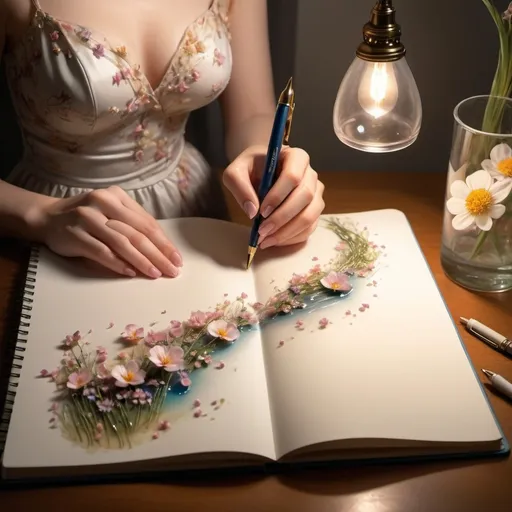 Prompt: Writer is holding a resin see through pen with beautiful soft coloured tiny flowers the flowers are spilling from the inside and out of the tip of the pen. The flowers flowing in a stream out of the pen tip forms a beautiful woman in a flowing dress landing on the page of a notebook photo realistic detailed. There is a lamp besides notebook