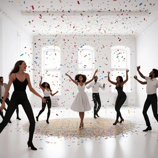 Prompt: Confetti falling on animated people that are dancing in a white empty room 