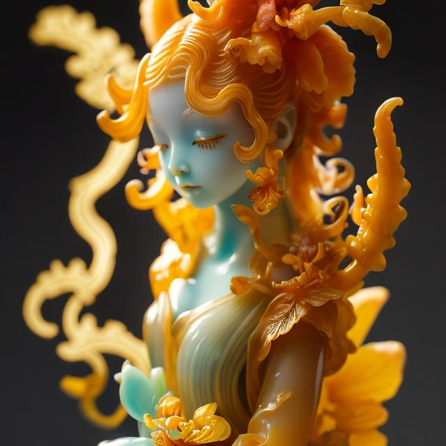 Prompt: Cute Orchid Nymph, Chinese Style Fern with Baroque Elements Imperial Yellow Translucent Jade Figurine, 8K, Masterpiece, High Definition, Super Detailed, Trending on Artstation, Sharp Focus, Intricate Details, High Detail, Ultra High Quality, Cinematic Lighting