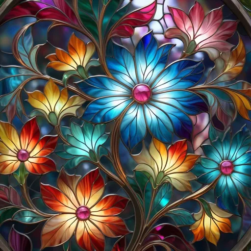 Prompt: transparent stained glass, flowers, extreme detail, 4k, ultra hd, fantasy art, fractal art, digital painting, radiant, hyper-detailed, colorful
