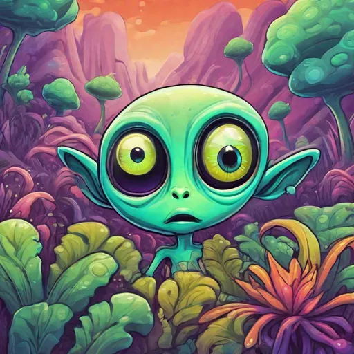 Prompt: Whimsical, cute alien, cartoon style, vibrant colors, large expressive eyes, playful demeanor, alien landscape, otherworldly plants, best quality, high resolution, vibrant, cartoon, cute, whimsical, otherworldly, playful, expressive eyes, alien landscape, vibrant colors, professional