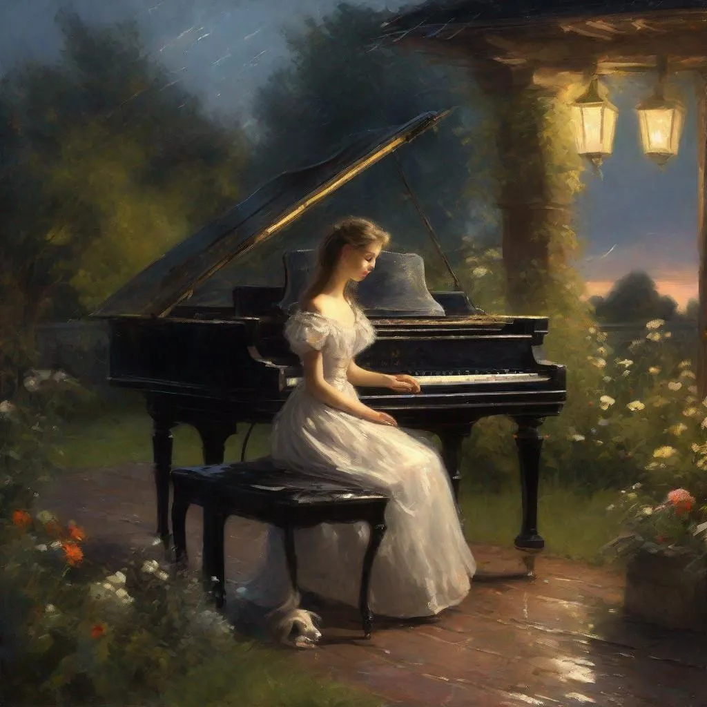 Prompt: Adolf Menzel style, evening old piano in the garden played by a skinny full-length pianist, young insanely beautiful girl in a beautiful evening dress, it's raining with a thunderstorm, good facial features, big expressive eyes, (((good hands)))), insanely beautiful sky, oil painting, heavy strokes, paint stains, volumetric lighting and shading, beautiful detailed complex, insanely detailed concept art, very high quality, super detailed, hyper realistic, natural lighting, RTX, HDR, 8K, TXAA, 3D,